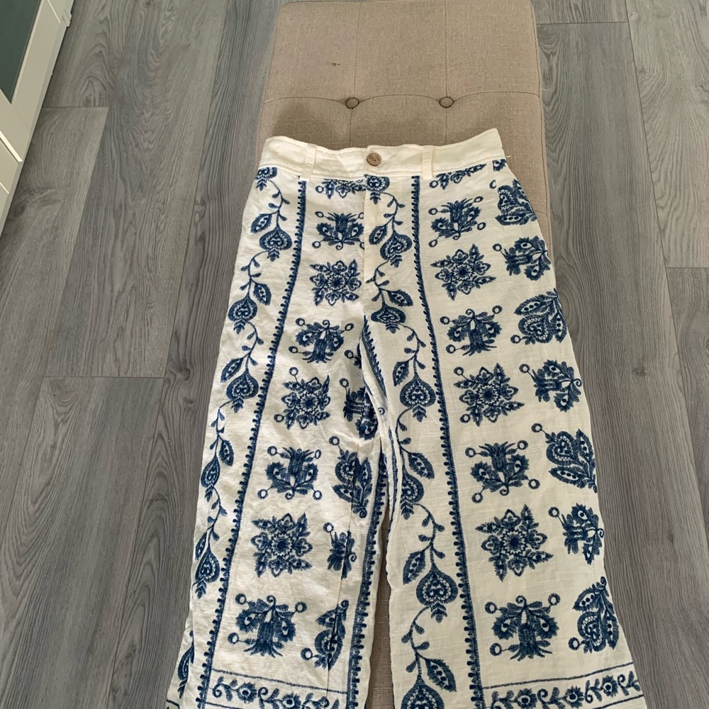 White Linen Pants Blue and White Patterned